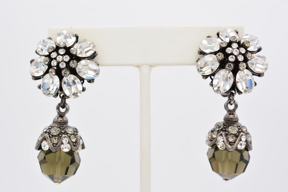Barrera Vintage Crystal Clip On Earrings Rhinestone Gunmetal Signed 1980s BinAO